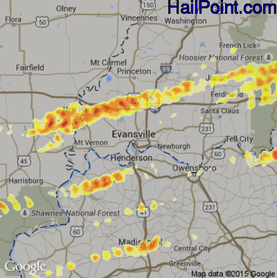 Hail Map for Evansville, IN Region on March 2, 2012