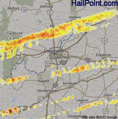 Hail Map for Louisville, KY Region on March 2, 2012