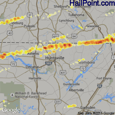Hail Map for Huntsville, AL Region on March 2, 2012 