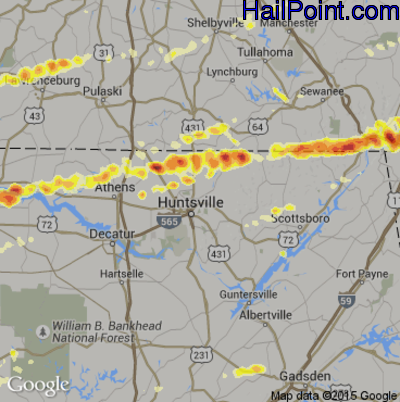 Hail Map for Huntsville, AL Region on March 2, 2012