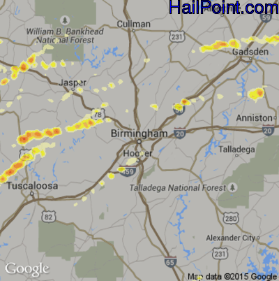 Hail Map for Birmingham, AL Region on March 2, 2012