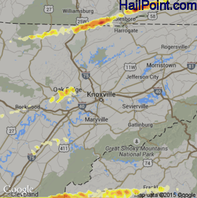 Hail Map for Knoxville, TN Region on March 2, 2012