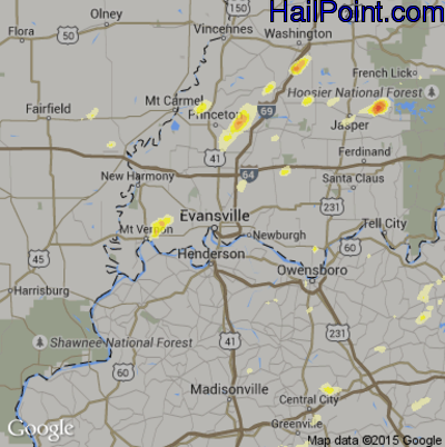 Hail Map for Evansville, IN Region on March 15, 2012