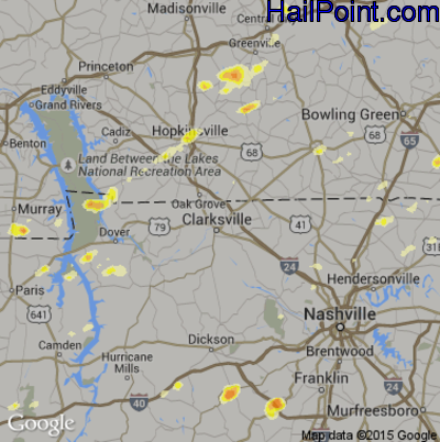 Hail Map for Clarksville, TN Region on March 15, 2012