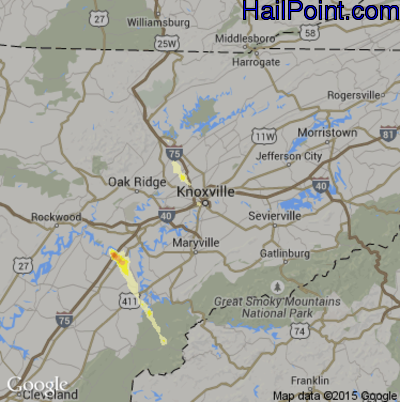 Hail Map for Knoxville, TN Region on March 31, 2012