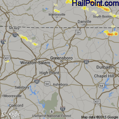 Hail Map for Greensboro, NC Region on May 1, 2012
