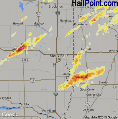 Hail Map for Sioux Falls, SD Region on May 1, 2012