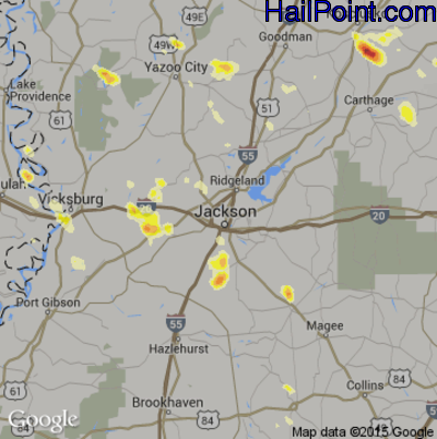 Hail Map for Jackson, MS Region on May 21, 2012 