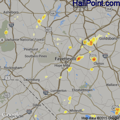 Hail Map for Fayetteville, NC Region on May 22, 2012 