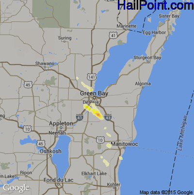 Hail Map for Green Bay, WI Region on June 22, 2012