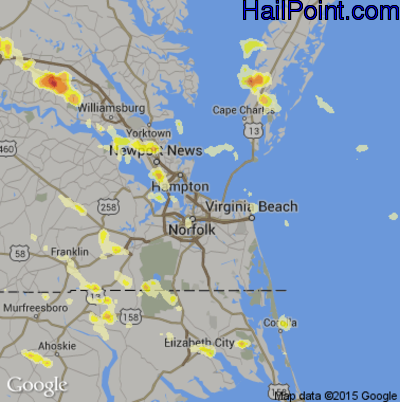 Hail Map for Norfolk, VA Region on June 25, 2012
