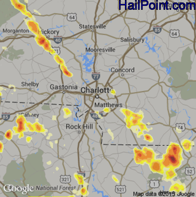 Hail Map for Charlotte, NC Region on July 1, 2012