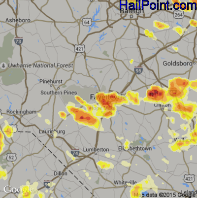 Hail Map for Fayetteville, NC Region on July 1, 2012