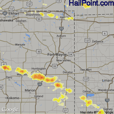 Hail Map for Fort Wayne, IN Region on July 1, 2012