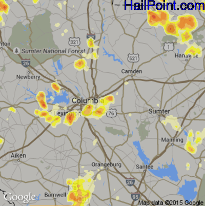 Hail Map for Columbia, SC Region on July 1, 2012 