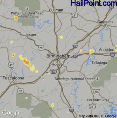 Hail Map for Birmingham, AL Region on July 1, 2012
