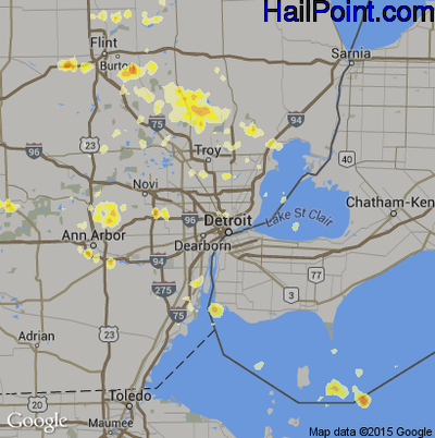 Hail Map for Detroit, MI Region on July 3, 2012