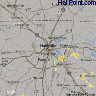 Hail Map for Nashville, TN Region on July 5, 2012
