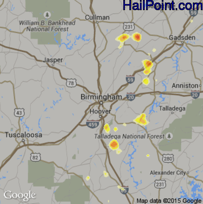 Hail Map for Birmingham, AL Region on July 5, 2012