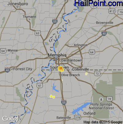 Hail Map for Memphis, TN Region on July 7, 2012 