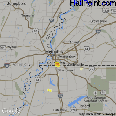 Hail Map for Memphis, TN Region on July 7, 2012