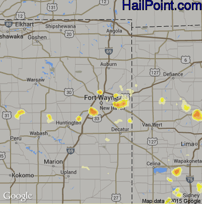 Hail Map for Fort Wayne, IN Region on July 18, 2012 