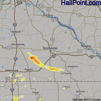Hail Map for Rochester, MN Region on July 18, 2012