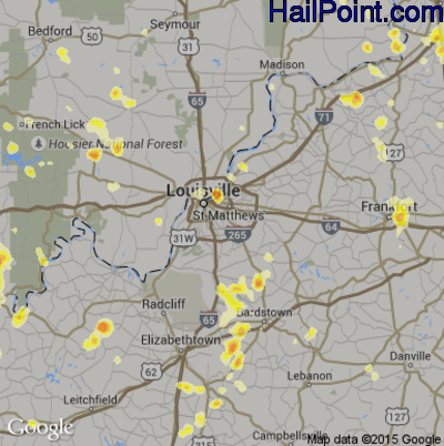 Hail Map for Louisville, KY Region on July 18, 2012 