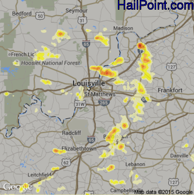 Hail Map for Louisville, KY Region on July 19, 2012
