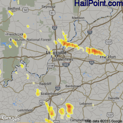 Hail Map for Louisville, KY Region on July 24, 2012