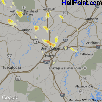 Hail Map for Birmingham, AL Region on July 31, 2012