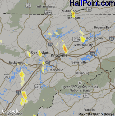 Hail Map for Knoxville, TN Region on August 1, 2012