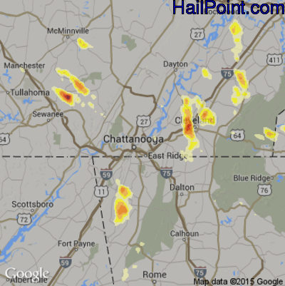 Hail Map for Chattanooga, TN Region on August 1, 2012