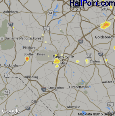 Hail Map for Fayetteville, NC Region on August 2, 2012