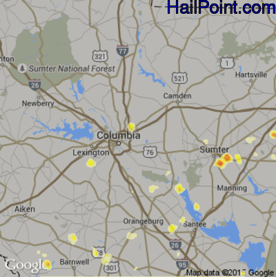 Hail Map for Columbia, SC Region on August 2, 2012