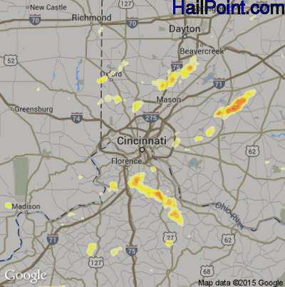 Hail Map for Cincinnati, OH Region on August 9, 2012