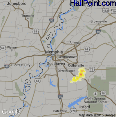 Hail Map for Memphis, TN Region on August 14, 2012