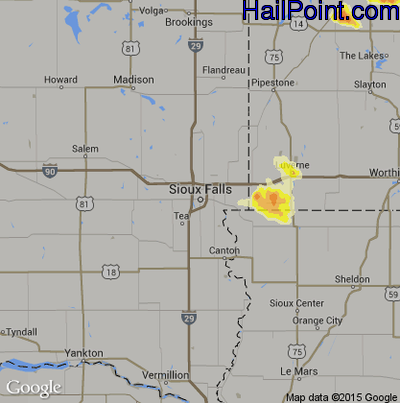 Hail Map for Sioux Falls, SD Region on August 23, 2012