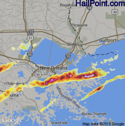 Hail Map for New Orleans, LA Region on February 25, 2013