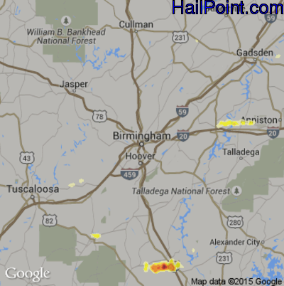 Hail Map for Birmingham, AL Region on March 18, 2013