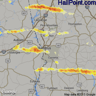 Hail Map for Columbus, GA Region on March 18, 2013