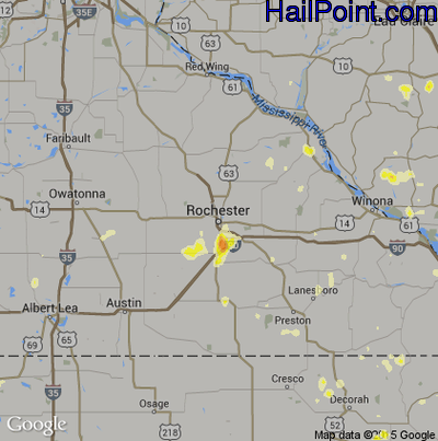 Hail Map for Rochester, MN Region on June 21, 2013 