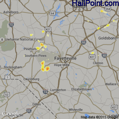 Hail Map for Fayetteville, NC Region on June 25, 2013 