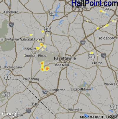 Hail Map for Fayetteville, NC Region on June 25, 2013