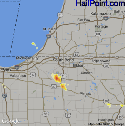 Hail Map for South Bend, IN Region on June 27, 2013 