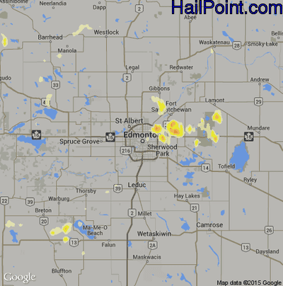 Hail Map for Edmonton, Can Region on July 3, 2013