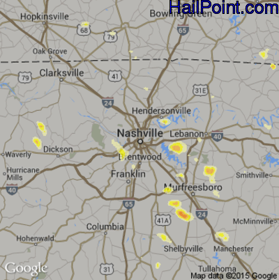 Hail Map for Nashville, TN Region on July 10, 2013