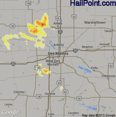 Hail Map for Des Moines, IA Region on July 23, 2013