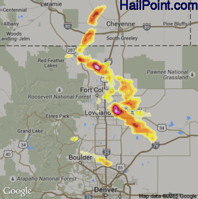Hail Map for Fort Collins, CO Region on August 3, 2013
