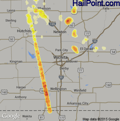 Hail Map for Wichita, KS Region on August 15, 2013 